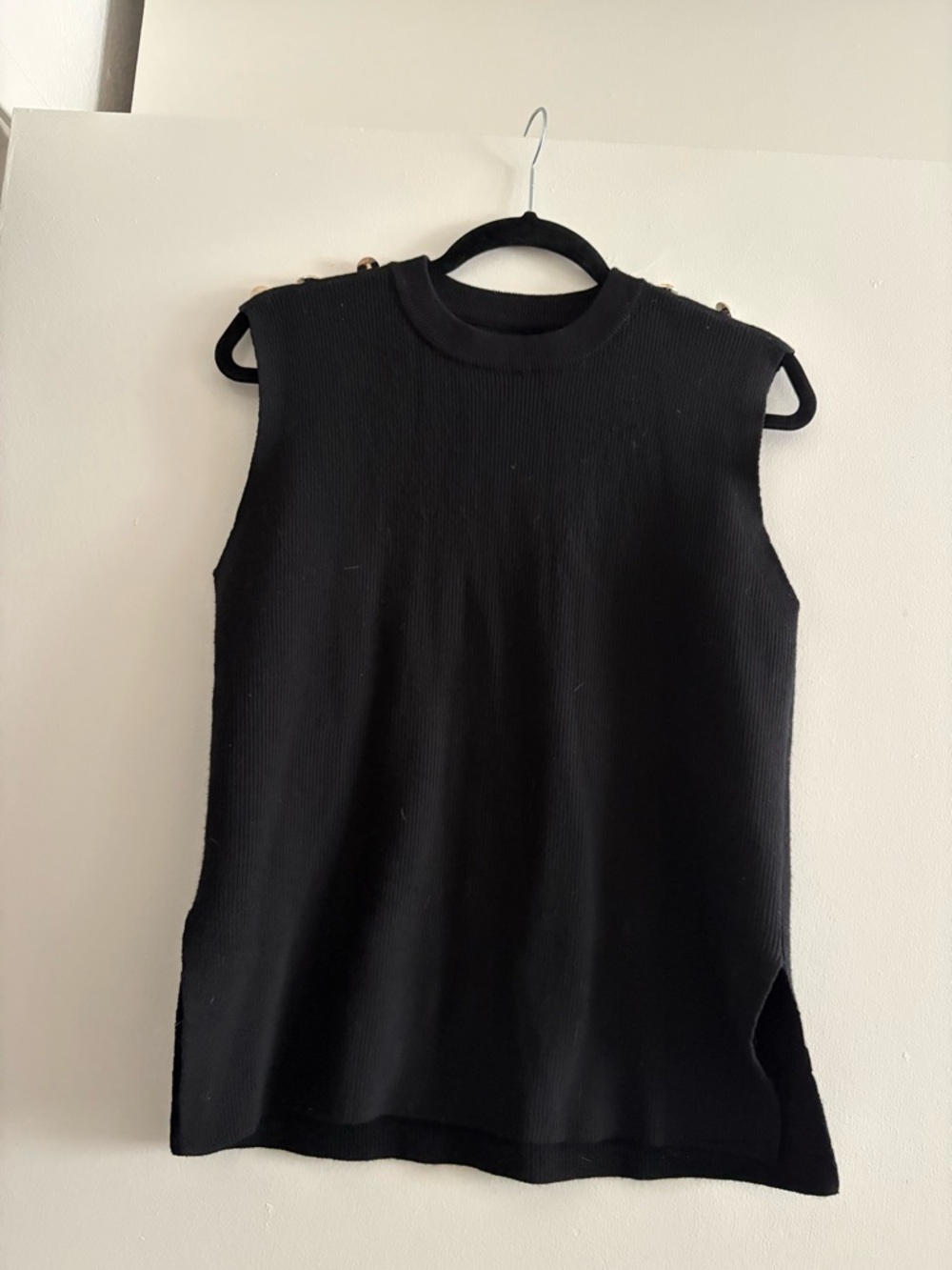 Sleeveless Black Knit Top with Shoulder Gold Button Detail